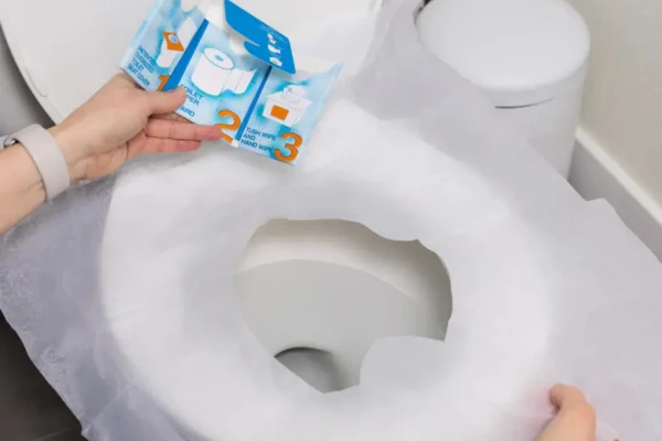 Woman placing a Restroom Kit Plus oversized seat cover on a toilet seat