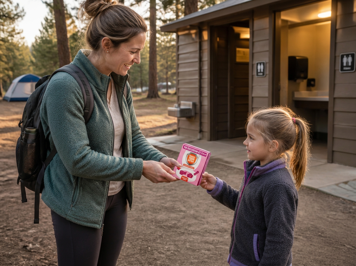 Mother handing a pink Restroom Kit Plus to her daughter outside a campground restroom