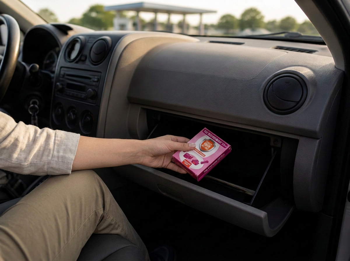 Woman placing a pink Restroom Kit Plus into her car glovebox at a highway stop